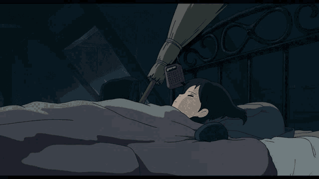 a cartoon of a girl sleeping in a bed with a radio on her head