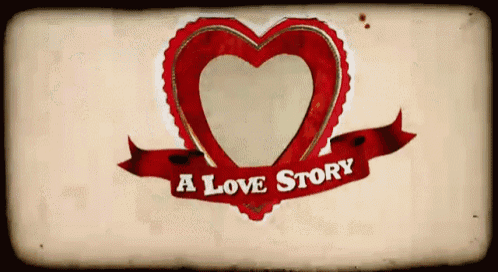 a heart with a red ribbon that says " a love story "
