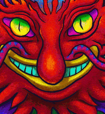 a colorful drawing of a monster with a pink tongue