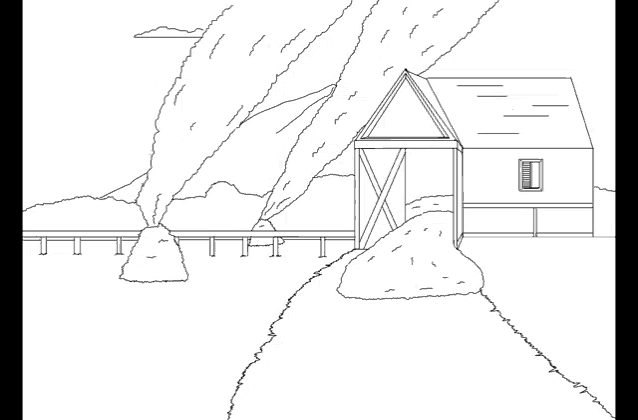 a black and white drawing of a house surrounded by trees