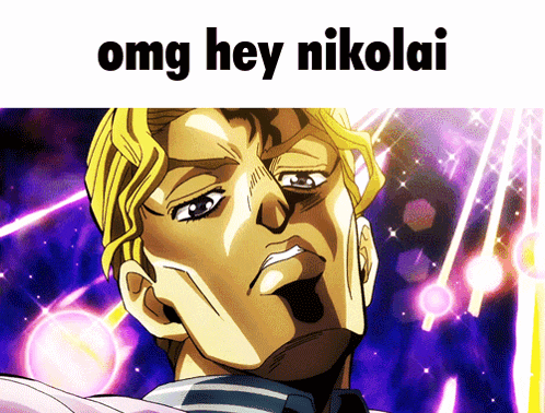 a cartoon of a man with the words omg hey nikolai written above him