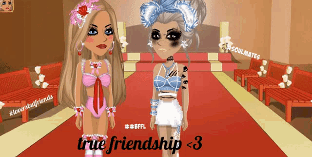 two dolls are standing on a red carpet with the words true friendship < 3