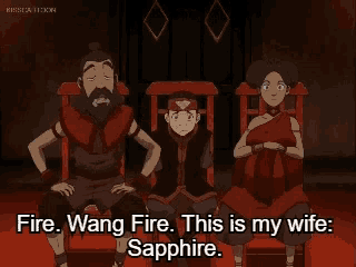 a man , a woman and a child are sitting in red chairs and talking about fire .