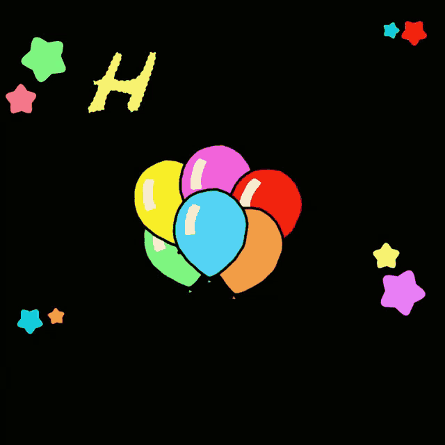a black background with a bunch of balloons and the words happy birthday