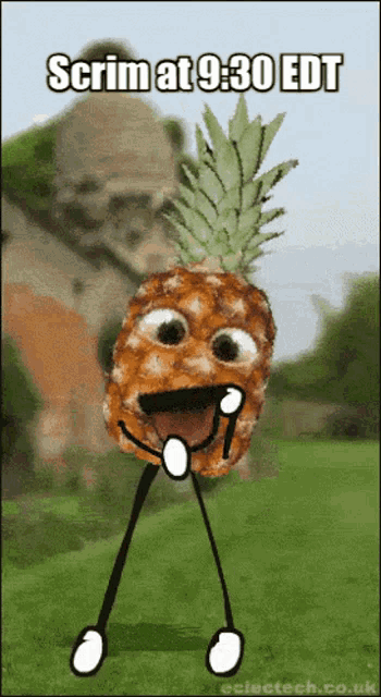 a cartoon of a pineapple with arms and legs and the words scrim at 9:30 edt