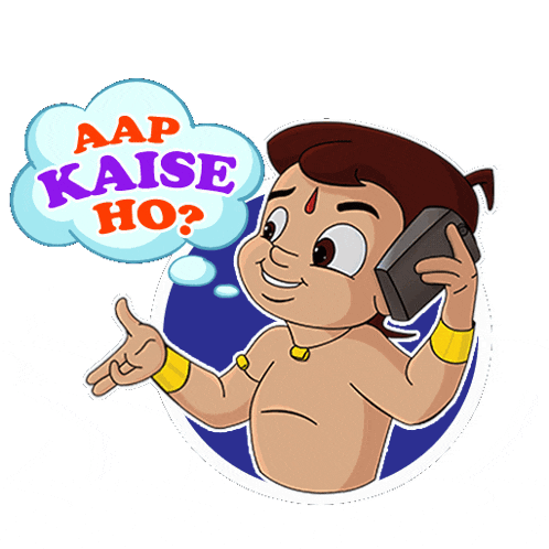 a cartoon character talking on a cell phone with a speech bubble that says aap kaise ho
