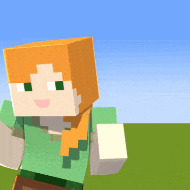 a minecraft character with orange hair and green eyes is standing in a field