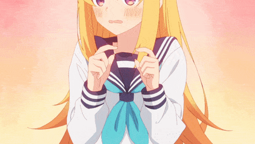 a girl with long blonde hair is wearing a sailor uniform and a blue bow tie