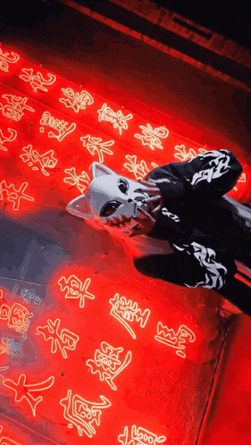 a person wearing a cat mask is laying on a red surface