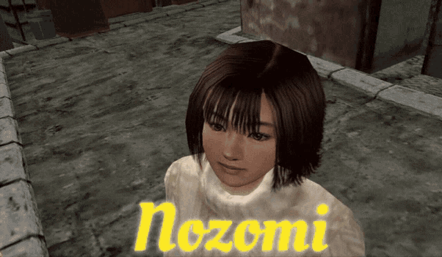 a video game character with the name nozomi on the bottom right