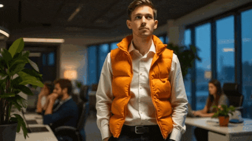 a man in an orange vest stands in an office
