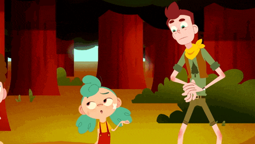 a boy scout stands next to a girl in a cartoon