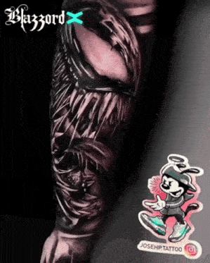a tattoo on a person 's arm with a mickey mouse sticker next to it
