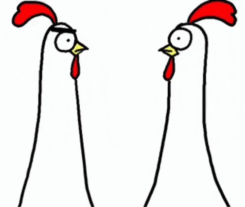 two chickens are standing next to each other and one has a shocked look on his face