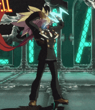 a man in a suit is standing in front of a neon sign that says ' ll '