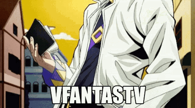 a man in a white jacket is holding a book and the words vfantastv are below him