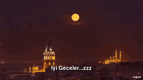 a picture of a city at night with the words iyi geceler zzz on it