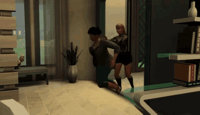 a woman kneeling down next to another woman in a room in a video game