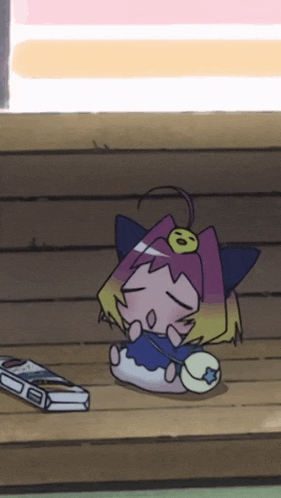 a cartoon character with a smiley face on her head sits on a wooden bench