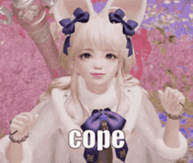 a girl with bunny ears is wearing a white coat and a purple bow on her head .