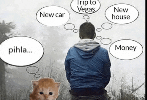 a man and a kitten are sitting in a field with speech bubbles that say new car new house and money