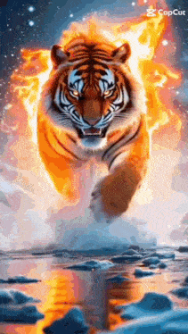 a tiger is jumping over a river with flames coming out of its mouth .