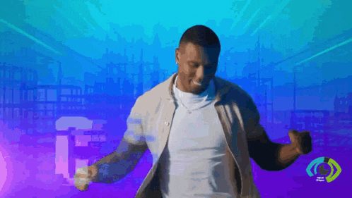 a man is dancing in front of a blue background