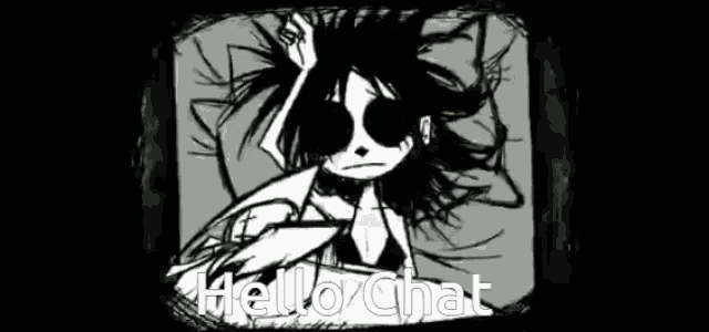 a black and white cartoon of a girl laying in bed with the words `` hello chat '' written on the bottom .