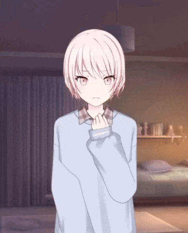 a girl with short white hair is wearing a blue sweater