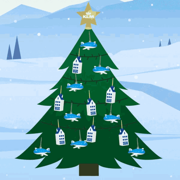 a klm christmas tree with blue and white ornaments