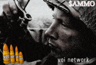 a man in a helmet is holding a gun in front of some bullets that say voi