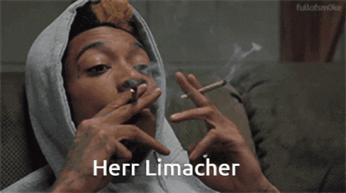 a man in a hoodie is smoking a cigarette with herr limacher written on the bottom