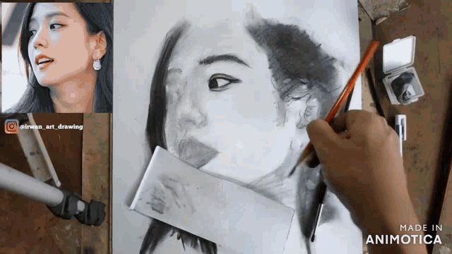 a drawing of a woman with a knife in her mouth is made in animatica