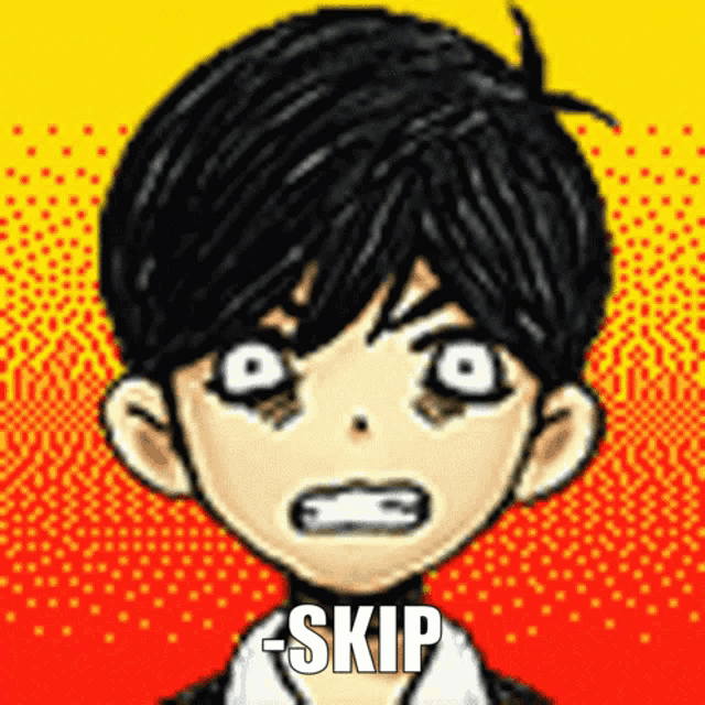 a cartoon of a boy with black hair and white eyes with the words skip below him