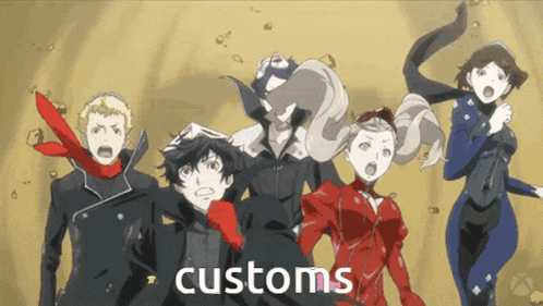 a group of anime characters standing next to each other with the word customs on the bottom right