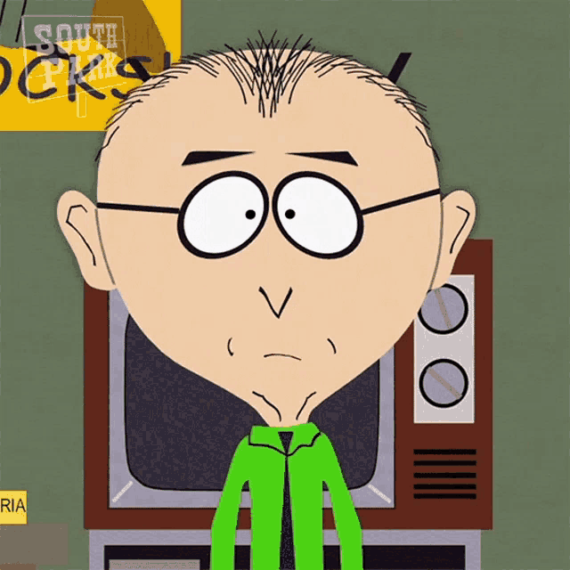 a bald cartoon character with glasses and a green shirt is sitting in front of a television with a sign that says south park