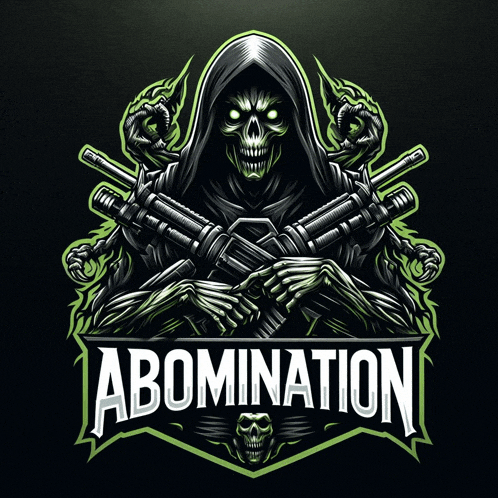 a logo for abomination with a grim reaper holding a gun