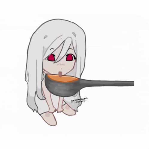 a drawing of a girl with long white hair and red eyes sitting next to a rock