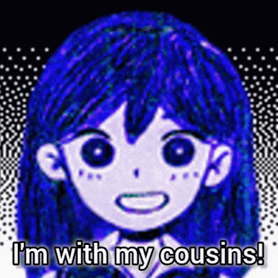 a girl with blue hair is smiling and says `` i 'm with my cousins '' .