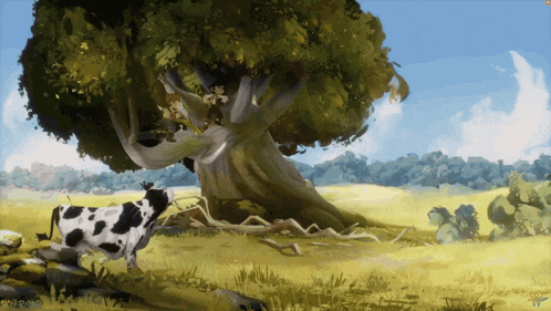 a painting of a cow standing under a tree with a blue sky in the background