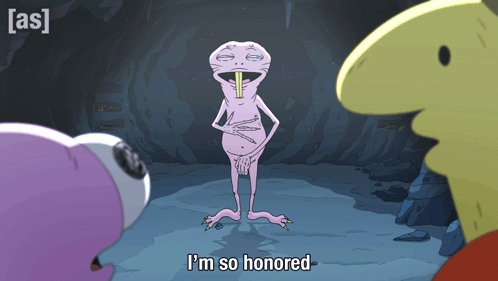 a cartoon character says " i 'm so honored " while standing in a cave