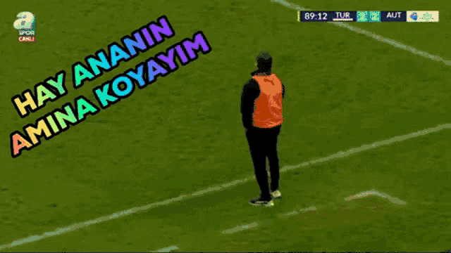 a man in an orange vest stands on a soccer field with the words hay anasini amina koyayim above him