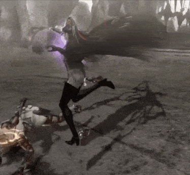 a woman in a video game is kicking a monster in the face