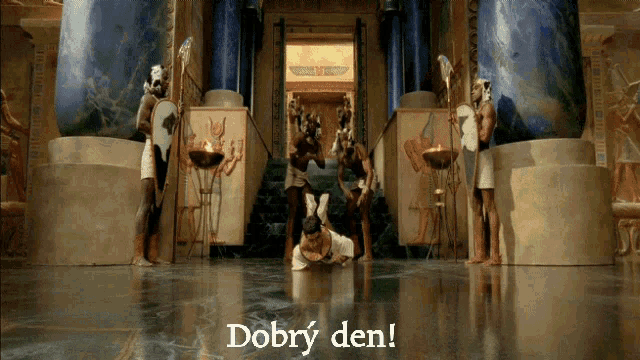 a man is kneeling down in front of a group of soldiers and the words dobry den are on the bottom