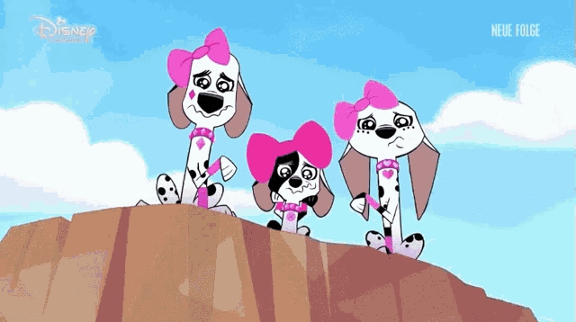 three dalmatian dogs with pink bows on their heads are sitting on a rock with the words neue folge on the bottom