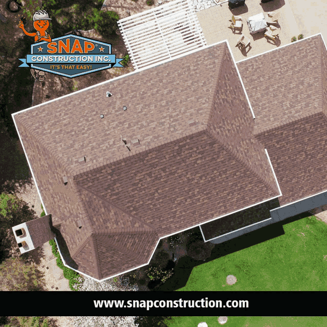 an aerial view of a house with snap construction inc. written on the roof