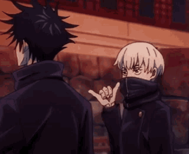 a couple of anime characters are standing next to each other and one of them is making a peace sign .