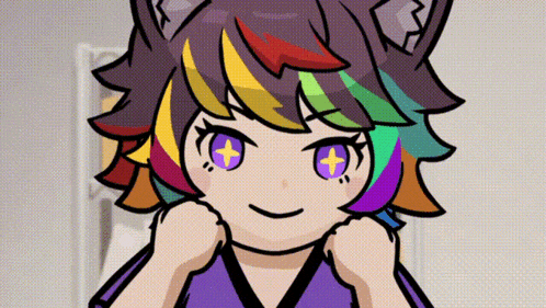a cartoon drawing of a girl with a rainbow hair and purple eyes