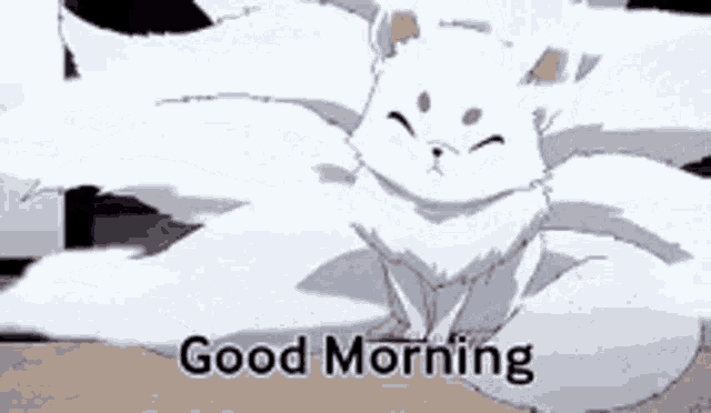 a white cat with a long tail is sitting on a bed with the words `` good morning '' written on it .