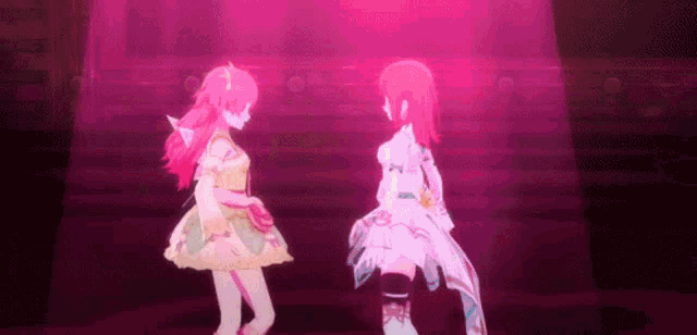two anime girls are standing next to each other on a stage in front of a pink light .